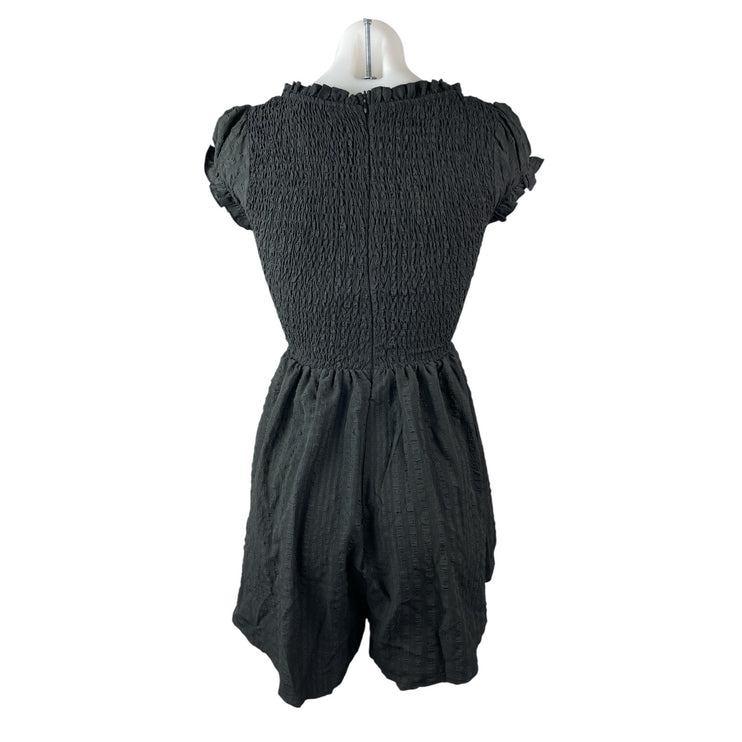 Princess Polly Black Smocked Ruffle Scoop Pleated Short Sleeve Romper Shorts 0