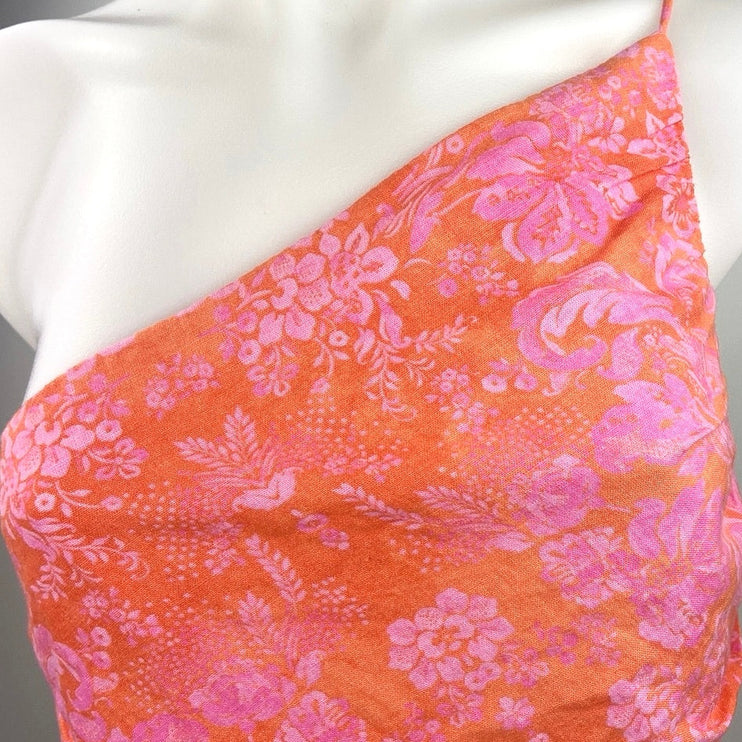 Zara Orange Pink Floral One Shoulder Linen Blend Spaghetti Ruched Crop Top Sz M