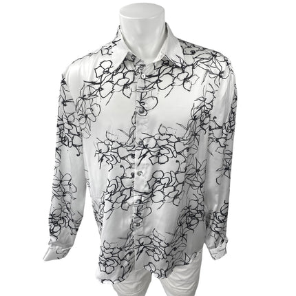 Akings Men's White Silky Satin Floral Print Long Sleeve Button Down Shirt Top L