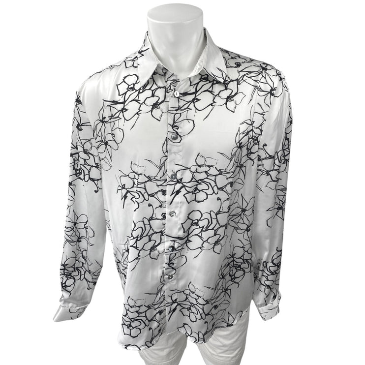 Akings Men's White Silky Satin Floral Print Long Sleeve Button Down Shirt Top L
