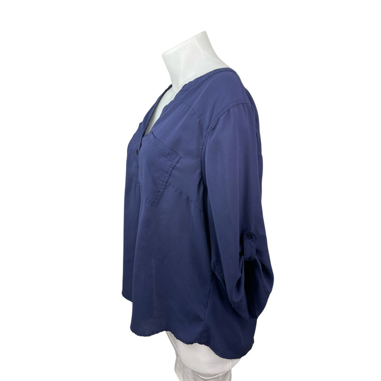 Torrid Harper Women Navy Blue V Neck Pocket Long Sleeve Shirt Blouse Top Sz 3X