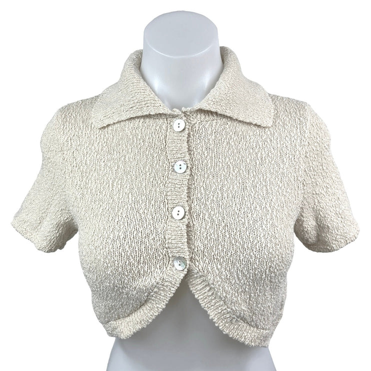 Zara Ecru Cream Knitted Button Front Collar Short Sleeve Cropped Top Blouse XS