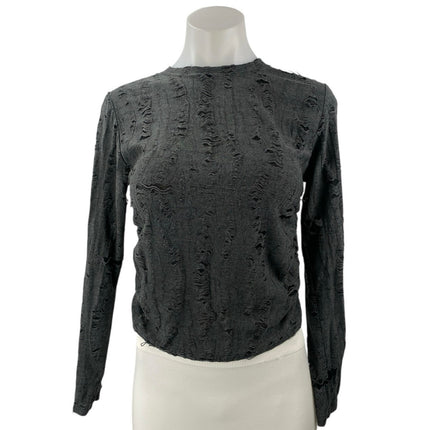3.3 Field Trip Women's Black Distressed Knit Long Sleeve Crop Tee Shirt Top OS