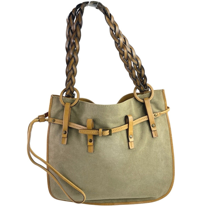 Gucci Women's Gray Green Braided Leather Straps Canvas Tote Shoulder Hand Bag