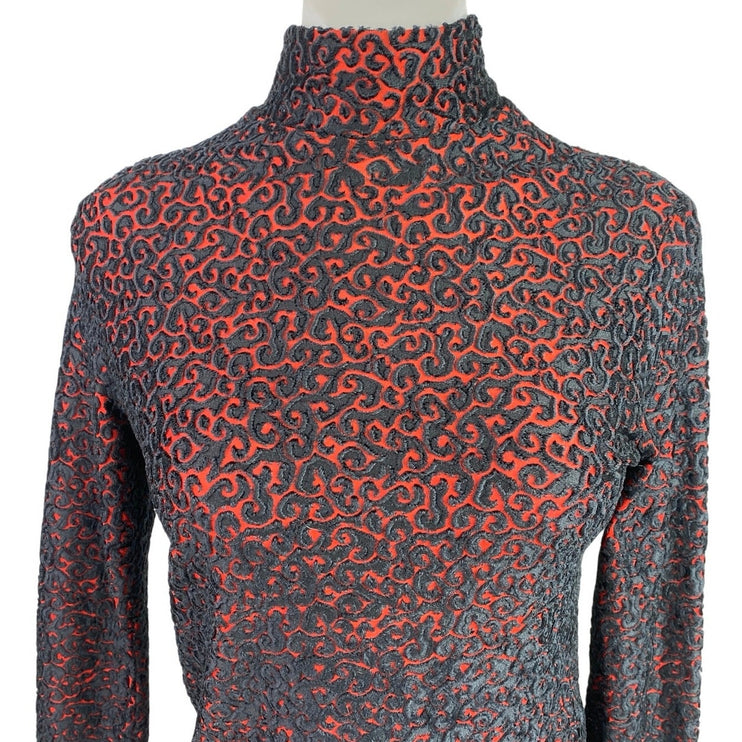 Women's Black Orange Textured Jaquard Turtleneck long Sleeve Sweater Top Size S