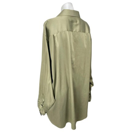 Geoffrey Beene Green Satin Long Sleeve Collared Button Down Midi Shirt Dress M