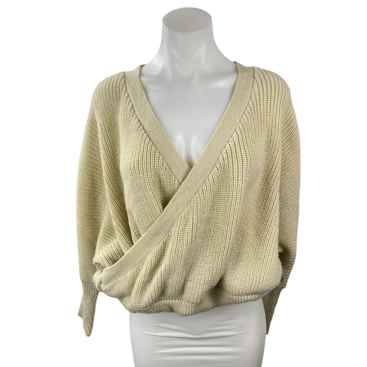 Berrylush Women's Cream Yellow Rubbed Knit Faux Wrap Long Sleeve Sweater Top S