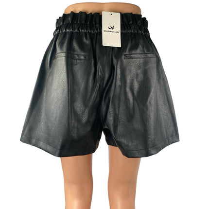 NEW Qianxizhan Black Faux Leather Vegan High Rise Paperbag Mini Shorts Size XL
