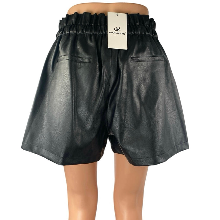 NEW Qianxizhan Black Faux Leather Vegan High Rise Paperbag Mini Shorts Size XL