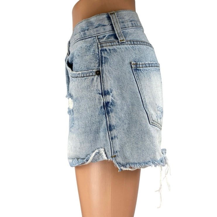 Pistola Women's Blue Light Wash Distressed Frayed Cut Off Denim Jean Short Sz 27