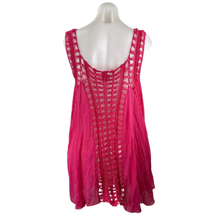 Advance Apparels Pink Crochet Knit Sleeveless Boho Mini Swing Tunic Dress Sz OS