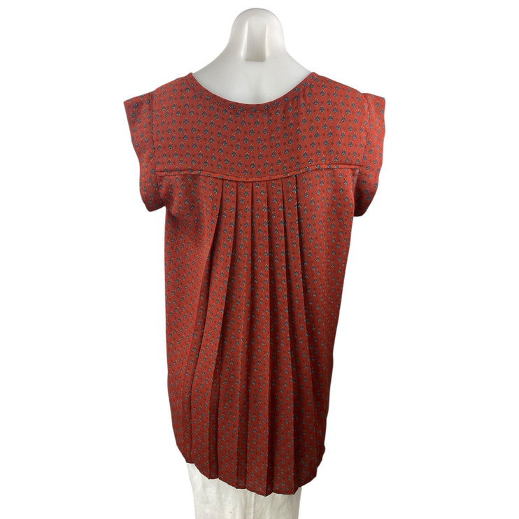 Pleione Women's Red Floral Drop Sleeve Pleated Back Notch Neck Blouse Top Size M