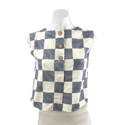 The Workshop Gray Cream Linen Checkered Sleeveless Henley Shirt Tank Top Size S