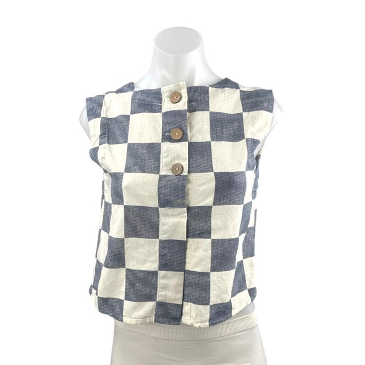 The Workshop Gray Cream Linen Checkered Sleeveless Henley Shirt Tank Top Size S