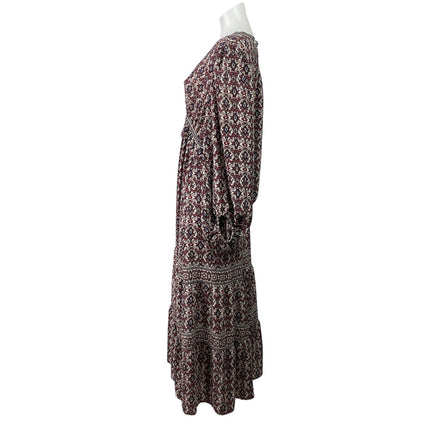NEW Max Studio Brown Paisley Floral Long Sleeve VNeck Tiered A Line Maxi Dress L