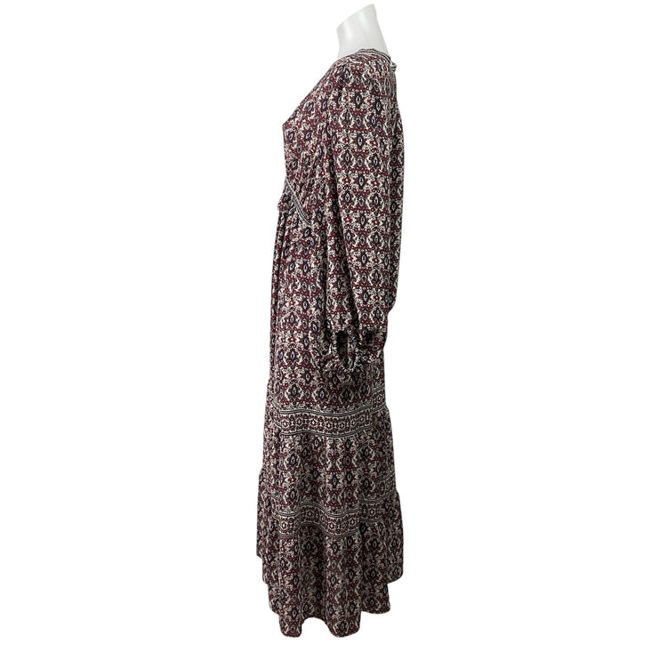 NEW Max Studio Brown Paisley Floral Long Sleeve VNeck Tiered A Line Maxi Dress L
