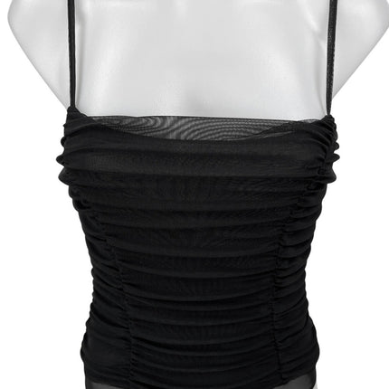 NEW Forever 21 Black Mesh Ruched Sleeveless Cami Camisole Bodysuit Tank Top Sz S