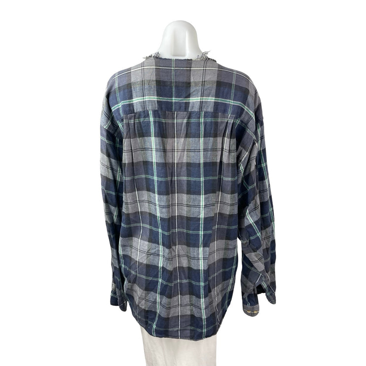 Furst of a Kind Plaid Check Flannel Long Sleeve V Neck Lace Up Shirt Top Sz L/XL