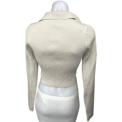 Aritzia Babaton White Ribbed Knit Vneck Collar Long Sleeve Crop Polo Shirt Top M