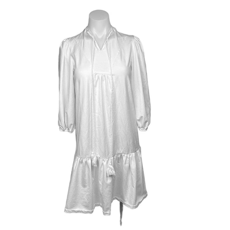 Blank White Tassels 3/4 Puff Sleeve Tiered Peasant Cottage Midi Boho Dress Sz XS