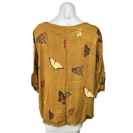 Viola Borghi Brown 100% Linen Butterfly 3/4 Ruffle Sleeve Pullover Blouse Top L