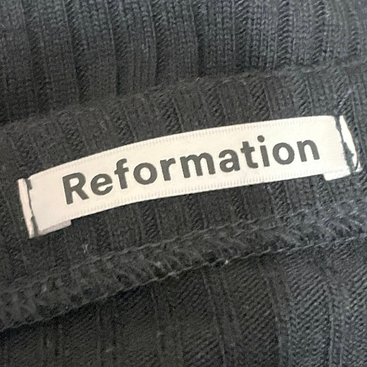 Reformation Virgil Black Ribbed Knit V Neck Long Sleeve Button Up Crop Top Sz M