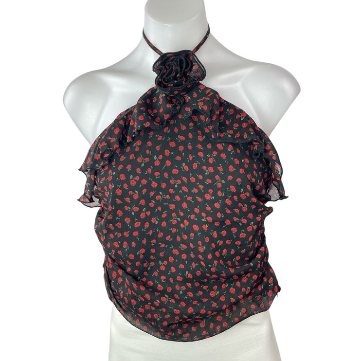 Miss Selfridge Black Floral Rose Halter Ruffle Open Back Sleeveless Blouse Top 6
