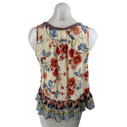 Patrons of Peace Floral Ruffled Embroidered V Neck Sleeveless Peplum Tank Top S