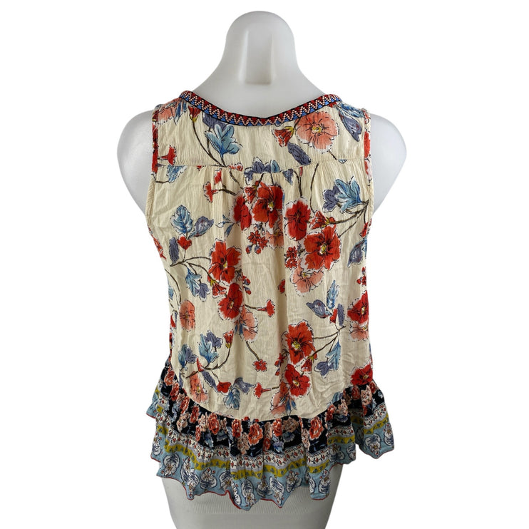 Patrons of Peace Floral Ruffled Embroidered V Neck Sleeveless Peplum Tank Top S