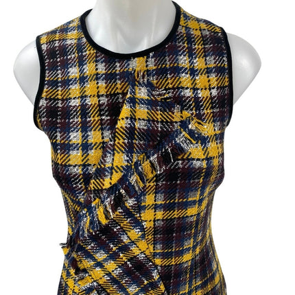 MSGM Black Yellow Plaid Tartan Wool Ruffle Sleeveless  Mini Sheath Dress Sz 8