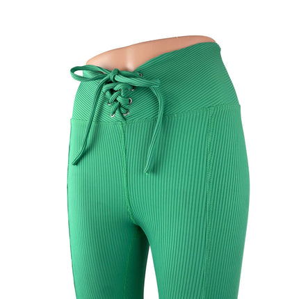 Year of Ours Women's Green Ribbed Knit Lace Up Athletic Leggings Pants Size S