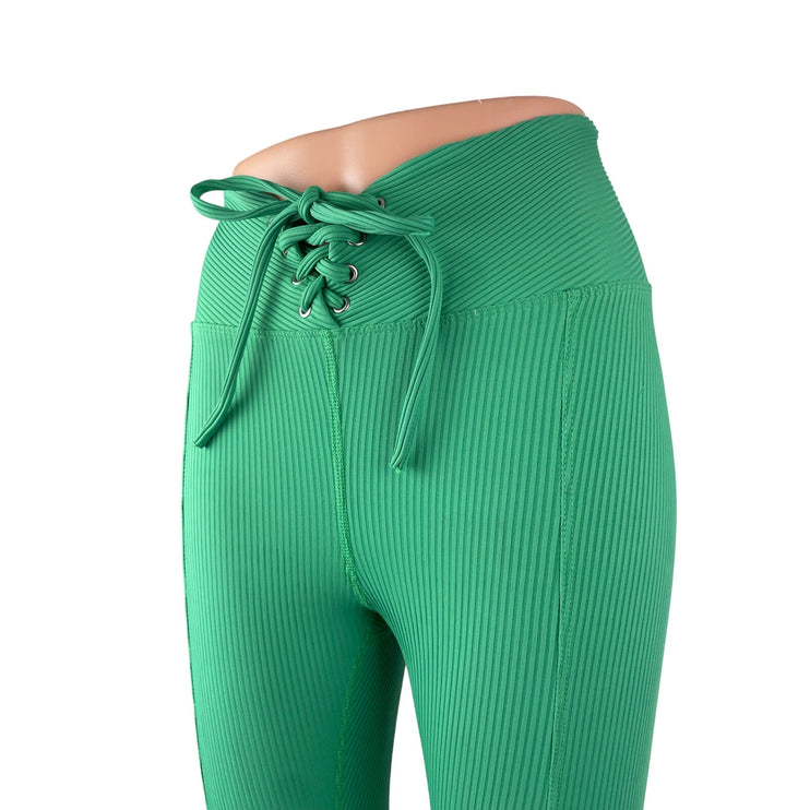 Year of Ours Women's Green Ribbed Knit Lace Up Athletic Leggings Pants Size S