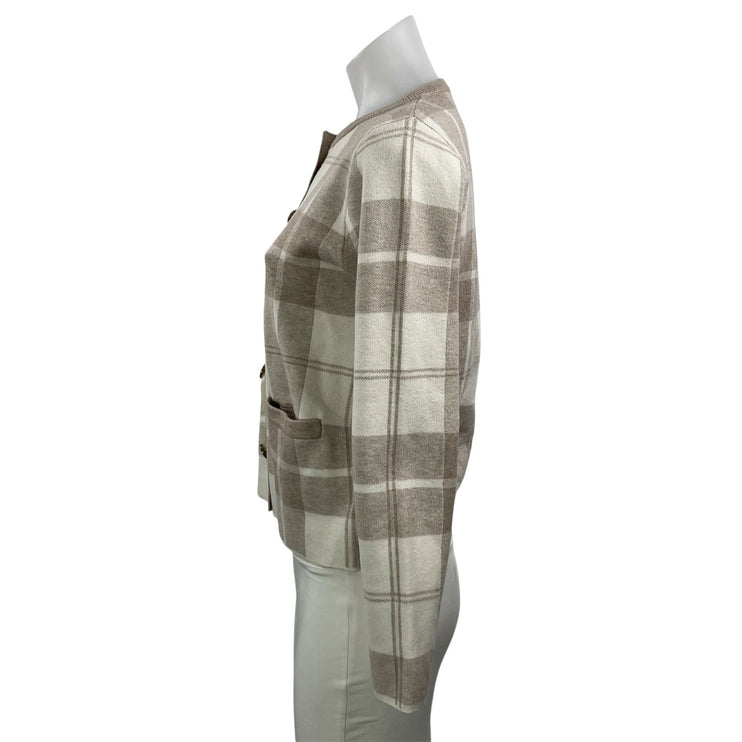 Cynthia Rowley Beige Plaid Check Long Sleeve Knit Button Up Cardigan Sweater S