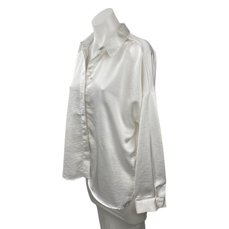 Zara Women's White Silky Satin Collared Long Sleeve Button Down Shirt Top Size M
