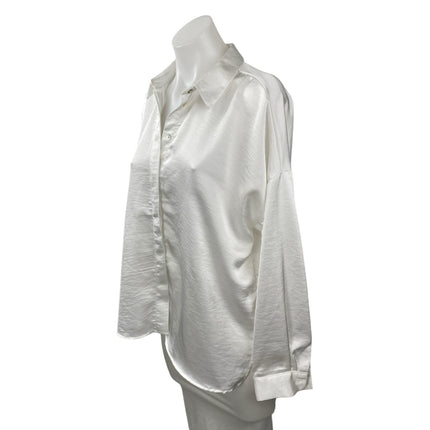 Zara Women's White Silky Satin Collared Long Sleeve Button Down Shirt Top Size M