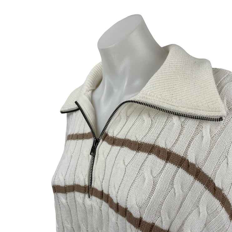 Hollister Womens White Brown Cable Knit 1/4 Zip Collared Polo Sweater Top Size S