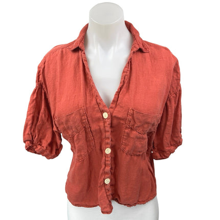 Zara Orange Linen Short Puff Sleeve Button Collar Blouse Shirt Crop Top Size L