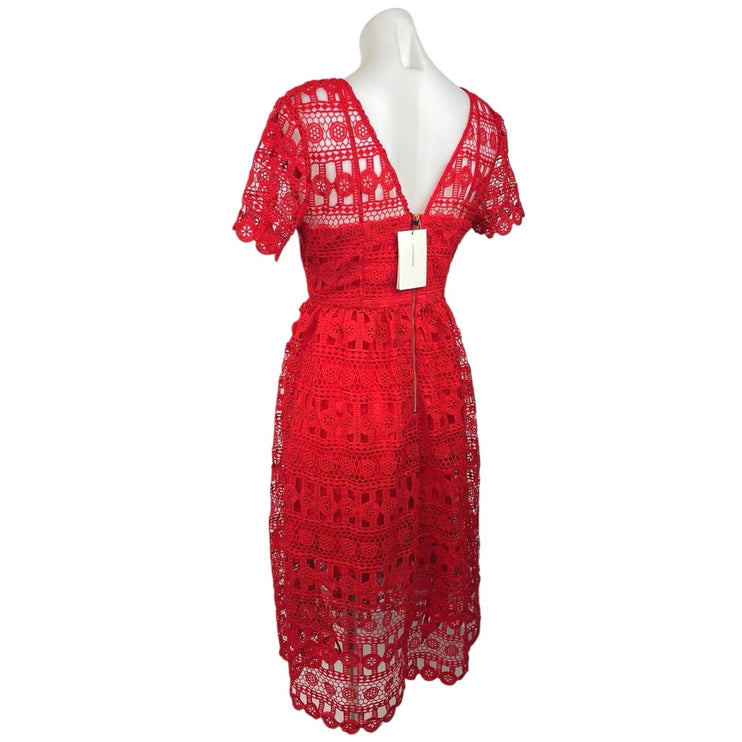 o.p.t Women's Red V-Neck Short Sleeve Back Zipper Lace Fit & Flare Midi Dress S