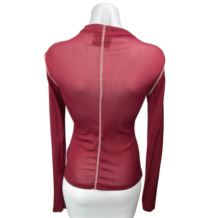 Atoir Women's Red Mock Neck Patchwork Sheer Mesh Stretch Long Sleeve Top Size M