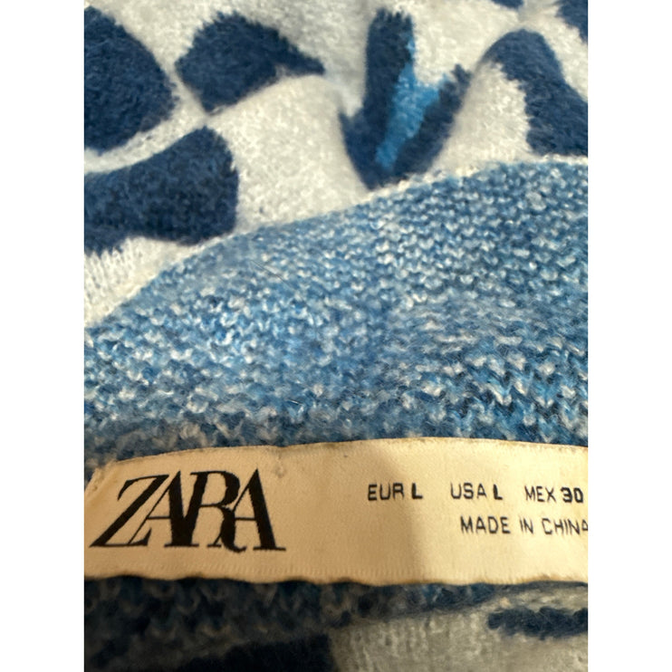 Zara Womens Blue Wool Jacquard Leopard Long Sleeve Turtleneck Sweater Top Size L