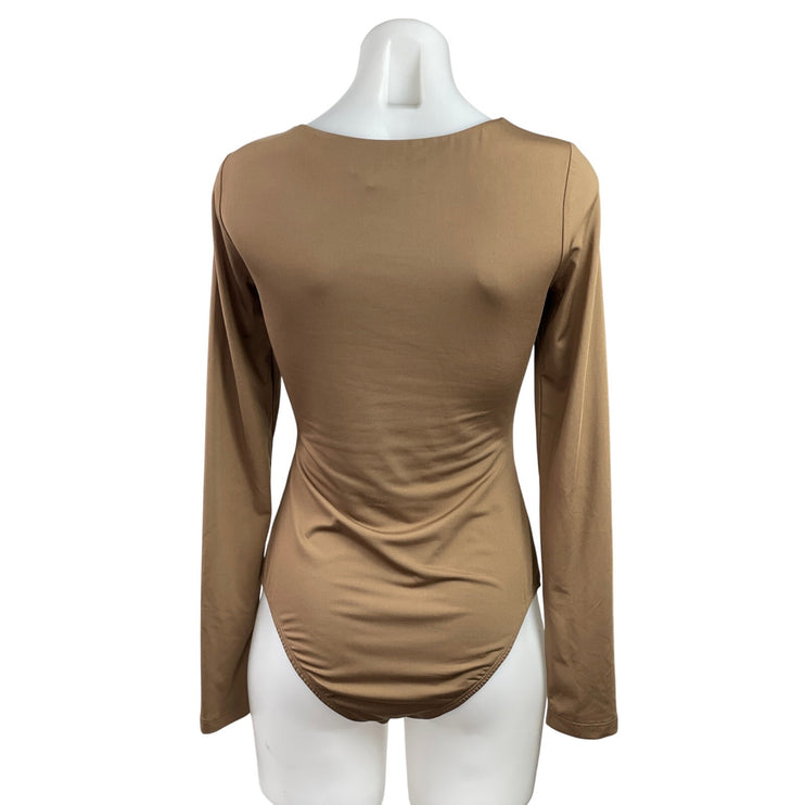 Princess Polly Womens Brown Twist Front V-neck Long Sleeve Bosysuit Blouse Top 6