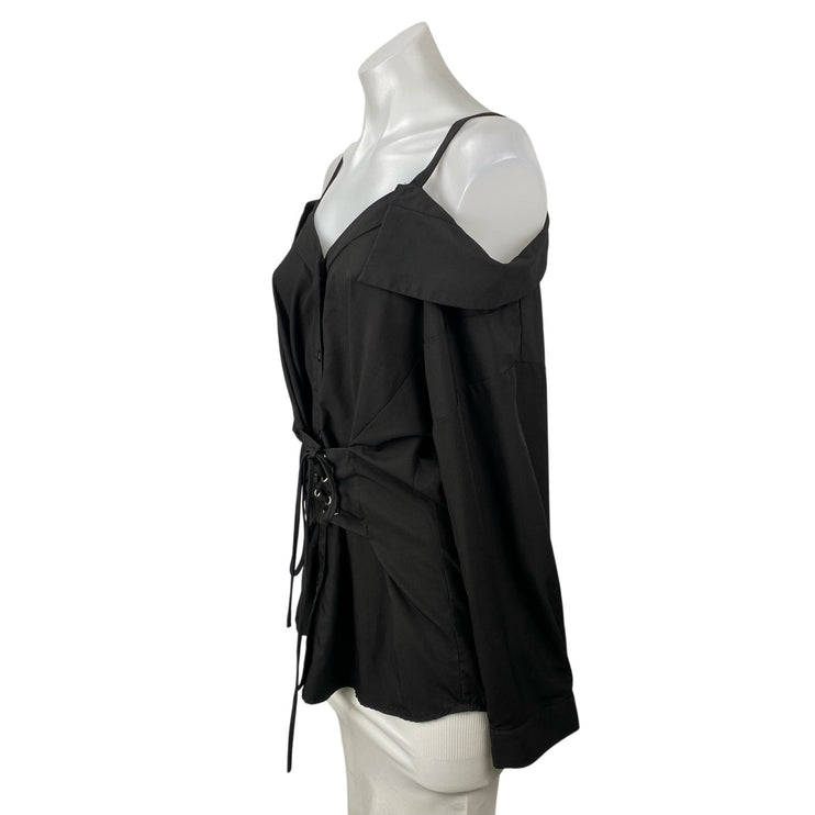 Harper Black Two Way Off Shoulder Long Sleeve Button Down Lace Up Shirt Top Sz L