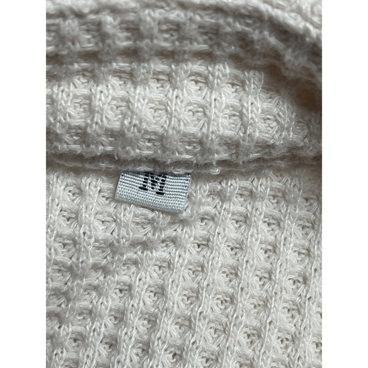 Women's White Waffle Knit Thermal Pocket Long Sleeve Button Down Shirt Top Sz M