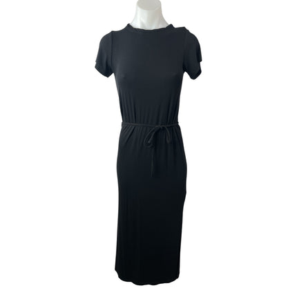 NEW Splendid Black Ribbed Short Sleeve Tie Waist Midi Bodycon T-Shirt Dress XS