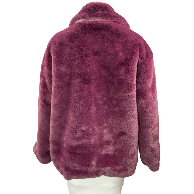Elie Tahari Women's Maroon Long Sleeves Faux Fur Notch Fleece Coat Jacket L/G