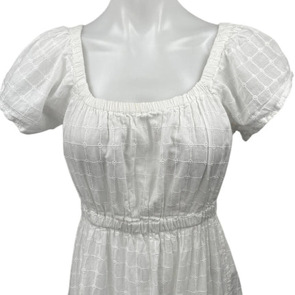 Mango MNG White Puff Sleeve Embroidered Checkered Tiered Midi A-Line Dress Sz 6 Mango MNG White Puff Sleeve Embroidered Checkered Tiered Midi A-Line Dress Sz 6