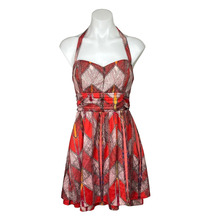 Guess Y2K Orange Abstract Sweetheart Neck Pleated Halter Mini Dress Size 4