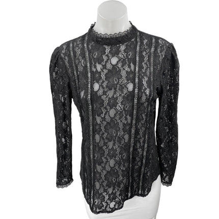 Reformation Kruger Black Floral Lace Long Sleeve Mock Neck Sheer Blouse Top Sz S