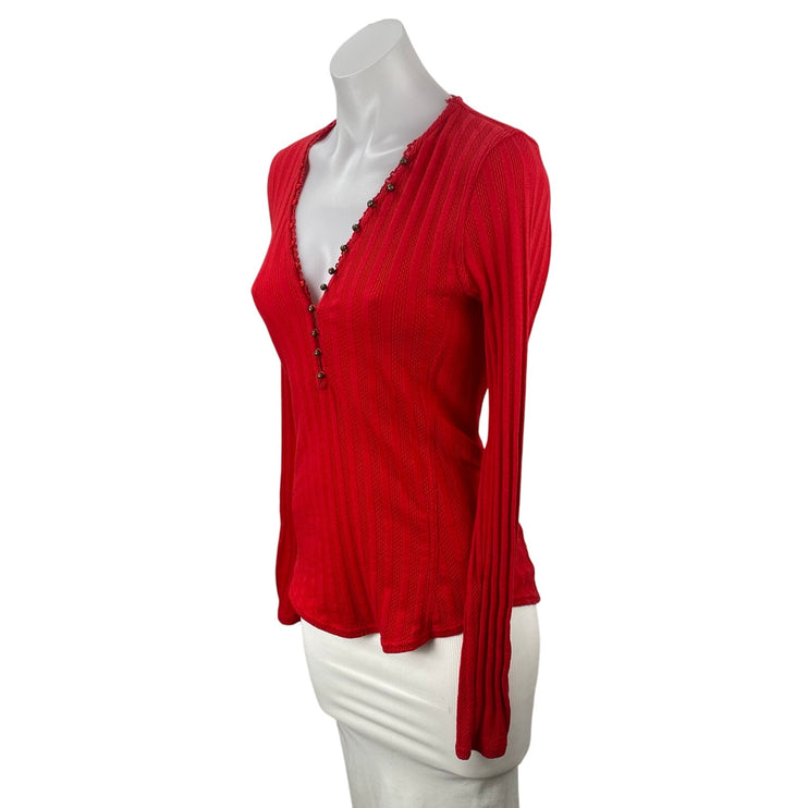 Free People We The Free Red Ribbed Knit Long Sleeve Henley V Neck Blouse Top M