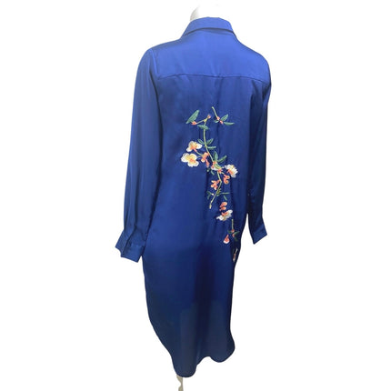 Missguided Blue Floral Embroidered Long Sleeve Button Down Midi Dress Size 8